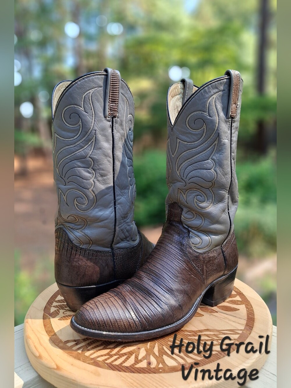 VTG 80's Men's Dan Post Brown Teju Lizard & Grey Leather Cowboy Boots Size 10.5D